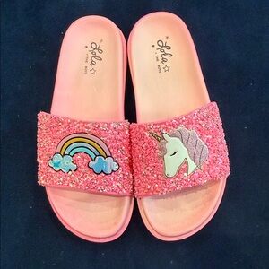 lola Pink Unicorn & Rainbow Glitter Slide Sandals